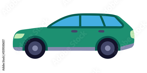 Green compact SUV parked on a sunny day in a residential area surrounded by trees and flowers