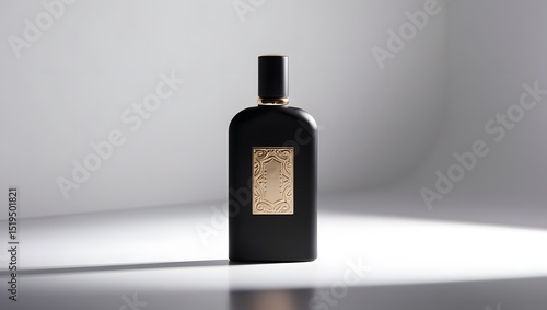 Luxurious Black Perfume Bottle with Gold Accents on Light Background. mockup images .

