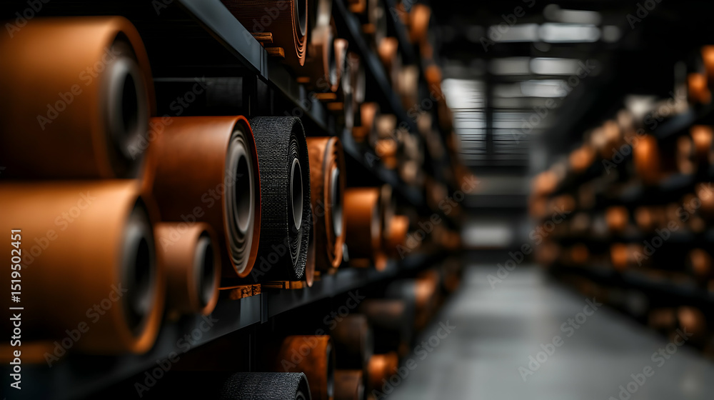 Fototapeta premium Industrial Warehouse Storage Of Brown Leather Rolls