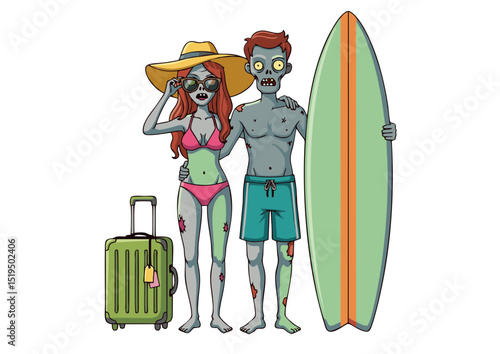 Undead Vacationers Zombie Couple's Summer Surf Trip Illustration