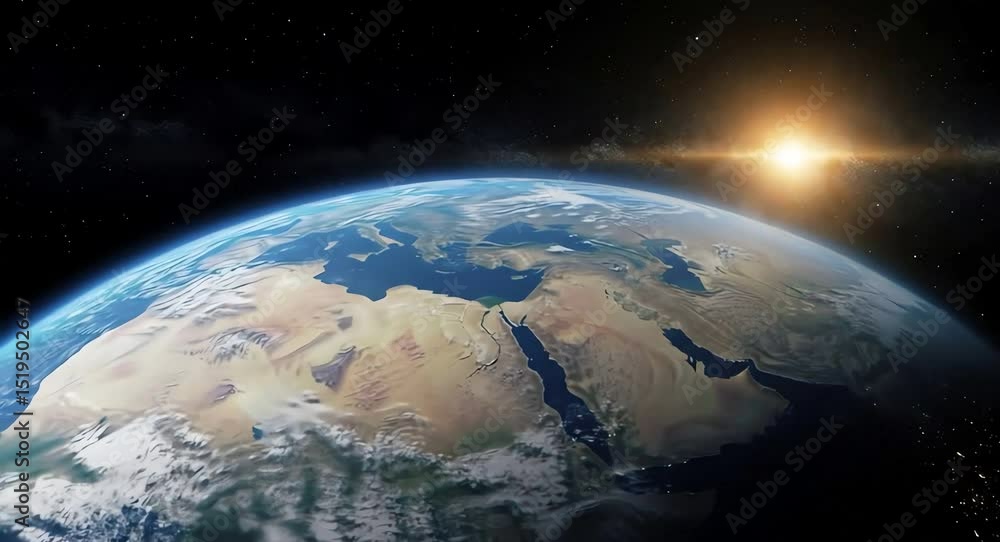 Realistic Earth rotating in space with sun rising over the horizon. Detailed view of continents, oceans, and cloud formations. Global connectivity and travel. Realistic Earth rotating in space with sun rising over the horizon. Detailed view of continents, oceans, and cloud formations. Global connectivity and travel.