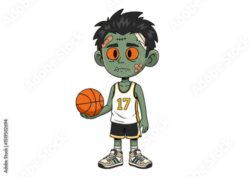 Cute Zombie Boy Basketball Player Cartoon Illustration Spooky Sports Fun