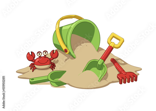 Adorable Cartoon Crab Playing on Sandy Beach with Colorful Sand Toys Bucket, Shovel, Rake, Summer Fun, Beach Day Illustration