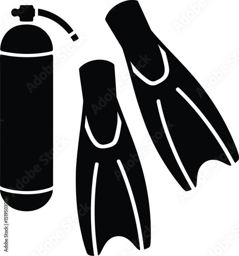 A black and white illustration of a scuba tank and flippers on a light gray background design icon art