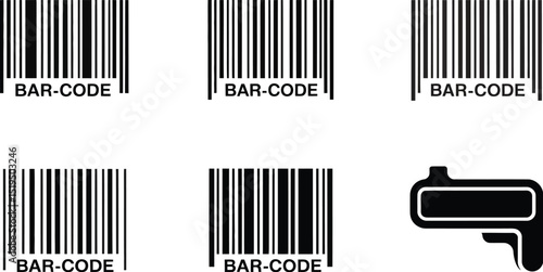A collection of barcode icons and a barcode scanner icon arranged on a white and gray background