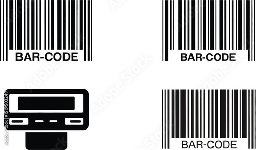 Three barcodes with the word bar code and a payment terminal in black and white on a white background