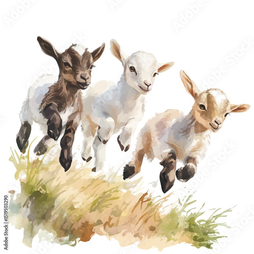 Baby Goats Hopping Hill, watercolor painting vector, high quality, isolated on a white background.