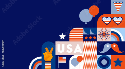 USA Independence Day background. 4th of July design with American flag, icons and symbols. Colorful Abstract Geometric Background. Modern colorful concept design. holiday banner, poster, greeting card