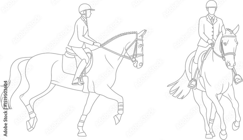 Fototapeta premium Two line drawings depict equestrian dressage riders on horses in formal attire and riding gear style