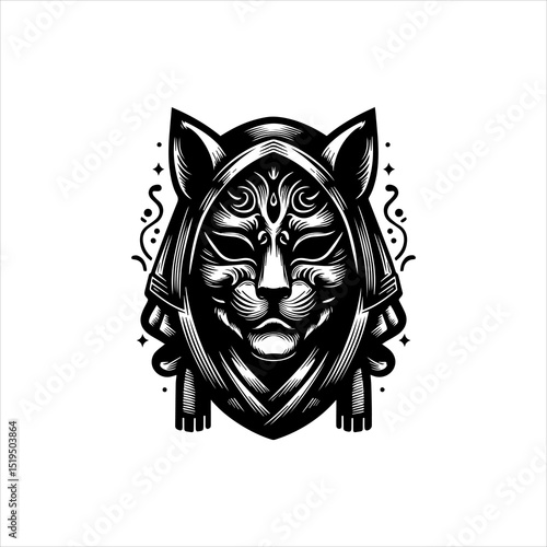 Kitsune Masked Human Vector Logo – Black and White Japanese Folklore Character Illustration – Isolated on White