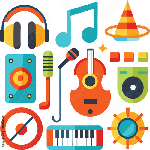 Colorful Flat Design Music and Sound Equipment Illustration on White Background