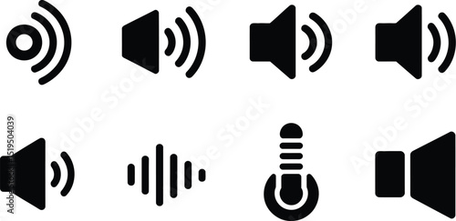 A collection of black sound and volume icons arranged on a white background in a graphic design style