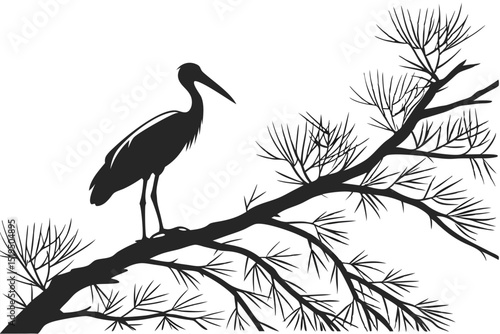 Silhouette of a stork on a pine branch elegant and minimalist design