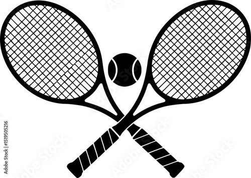 Two tennis rackets with a tennis ball in the middle. The rackets are crossed over each other
