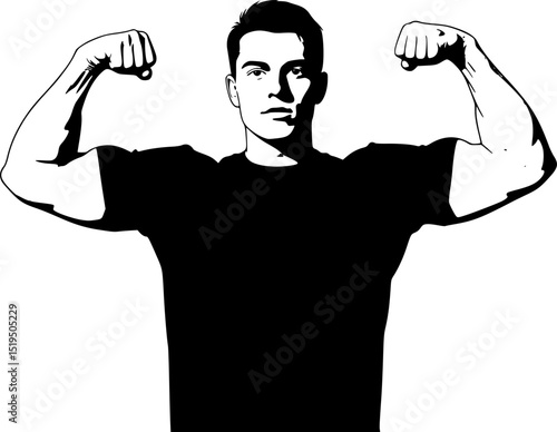A man with a muscular build is standing in a black and white photo. He is flexing his biceps and is wearing a black shirt
