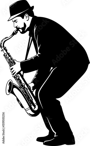 A man playing a saxophone. He is wearing a hat and is bending over. The saxophone is in his right hand

