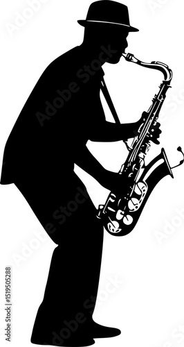 A man playing a saxophone. He is wearing a hat and is bending over. The saxophone is in his right hand
