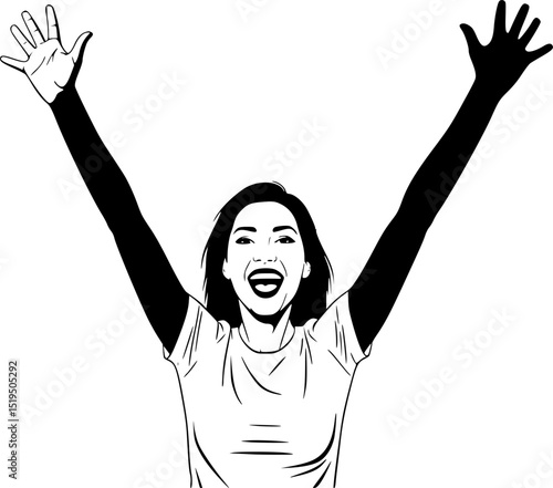 minimalist Photo of excited cheerful woman wear shirt smiling open mouth rising arms palms isolated vector black color silhouette, Black color silhouette png white background