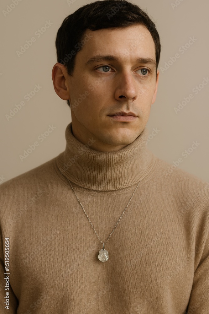 Obraz premium Caucasian male in beige turtleneck with silver pendant