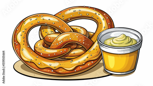 Soft baked pretzel twisted perfectly, sprinkled with coarse salt, served with a side of mustard dip, close-up against white background, celebrating traditional German fast-food snacking with classic a