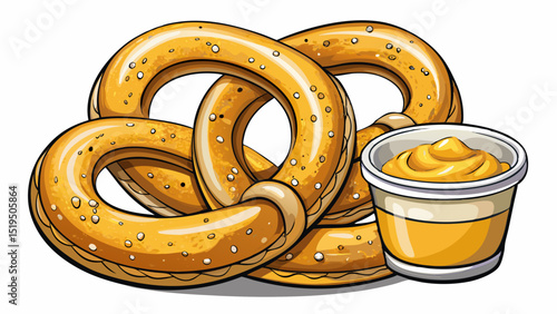 Soft baked pretzel twisted perfectly, sprinkled with coarse salt, served with a side of mustard dip, close-up against white background, celebrating traditional German fast-food snacking with classic a