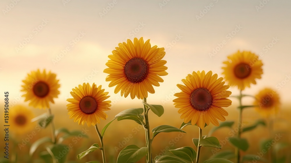 Obraz premium Sunflowers in a Field Basking in the Warm Glow of Sunset