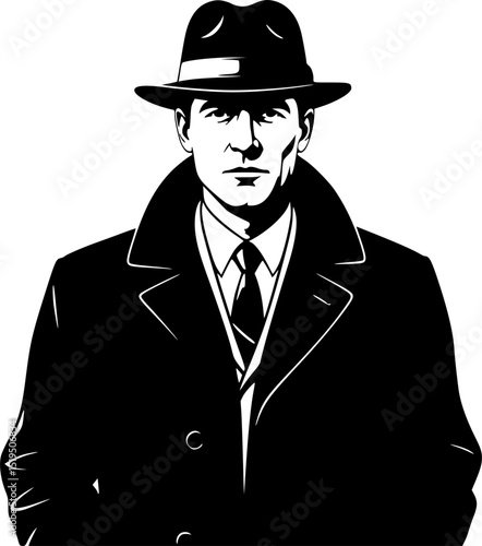A man in a black coat and hat. He is wearing a tie. He is standing in front of a white background
