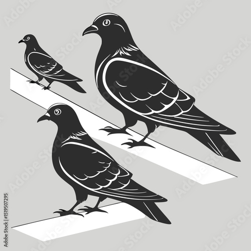 Three pigeons perched on lines black and white vector illustration