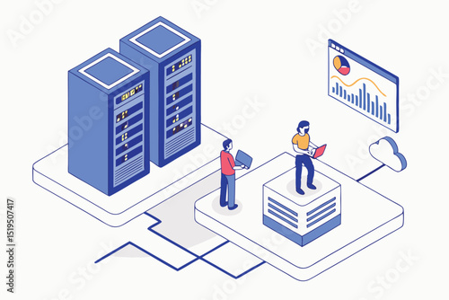 Cloud computing and data analysis: Two technicians work together on a network of servers and cloud computing technology to analyze data and solve problems.