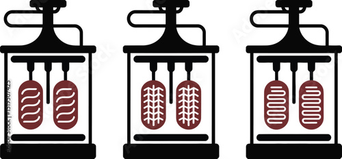 Three industrial machines with different meat patterns hanging inside on a white background design