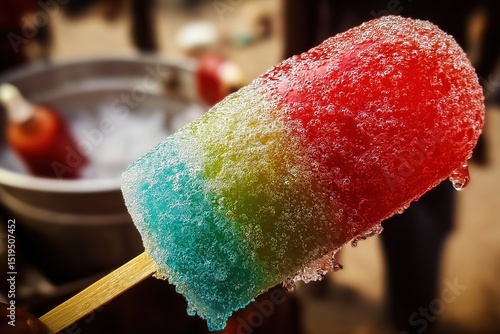 Indian Ice Popsicle (chuski) with Vibrant Syrups on Stick, Street Cart Summer Treat in Sunlight