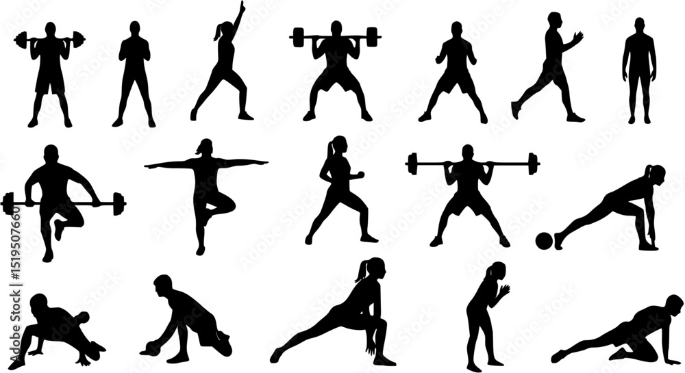 Fitness and Gym Activity Silhouettes, art vector design
Fitness and Gym Activity Silhouettes, art vector design