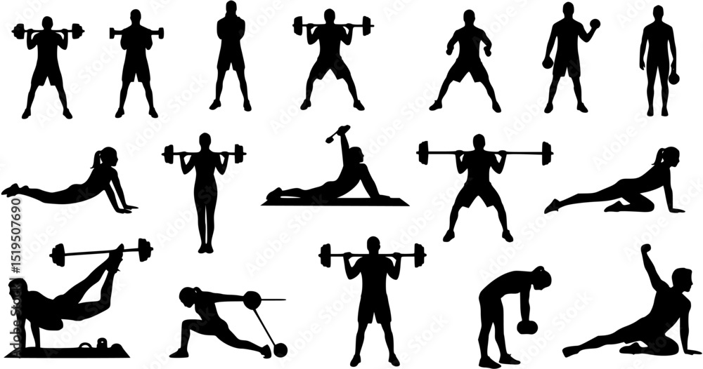 Fototapeta premium Fitness and Gym Activity Silhouettes, art vector design 