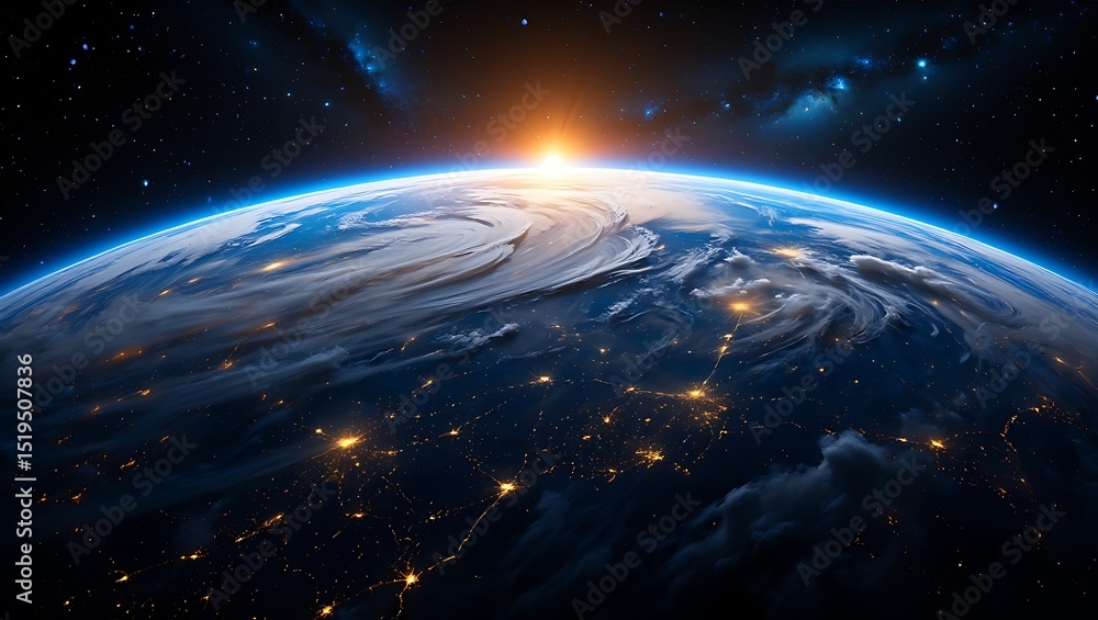 Sunrise over Earth with city lights and cosmic background a global view Sunrise over Earth with city lights and cosmic background a global view