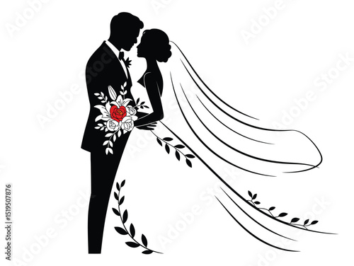 silhouette couple in love getting married and white wedding dress holding a bouquet of flowers, Vector illustration of wedding couple silhouette on white background