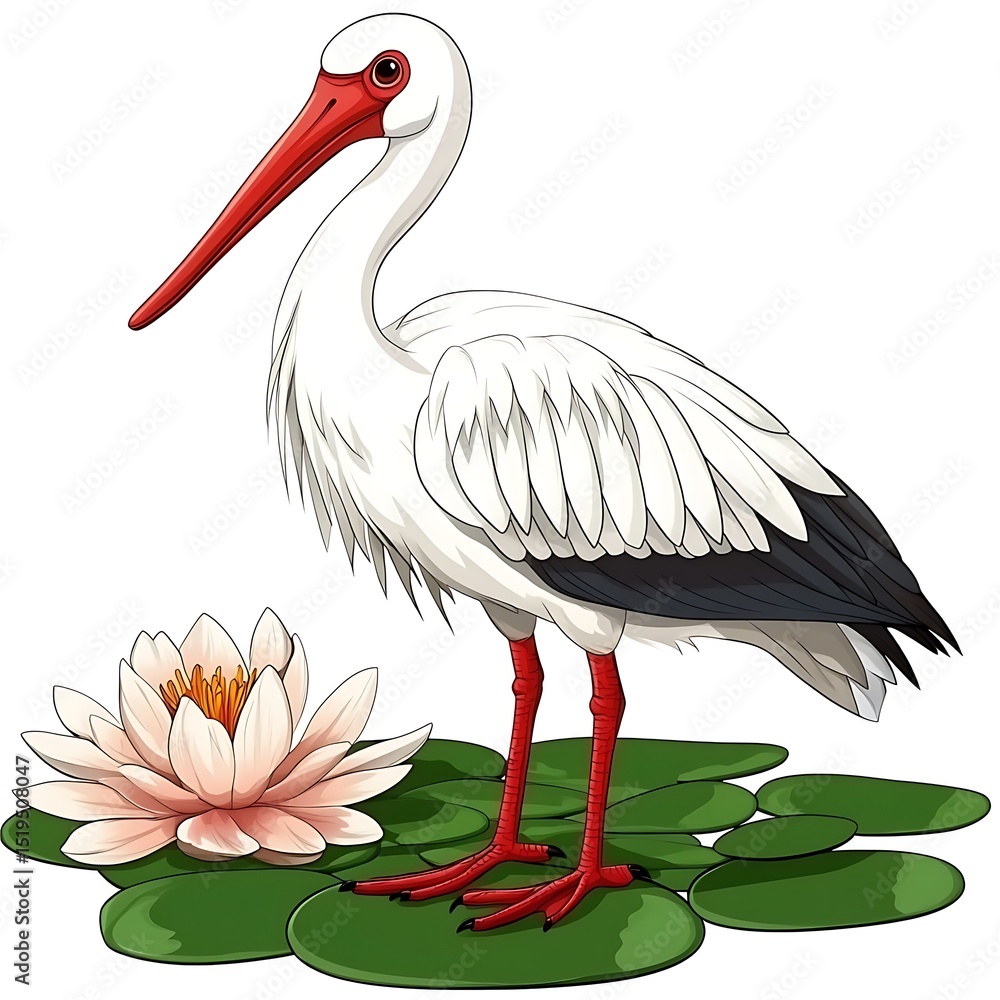 Fototapeta premium Elegant Stork Amidst Lily Pads: A Serene Illustration of Nature's Beauty