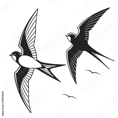 Two swallow birds flying together black and white minimalist tattoo design