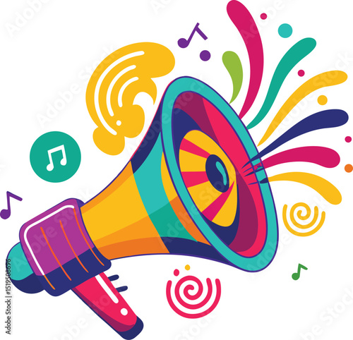 Colorful Megaphone with Music Notes and Decorative Elements on a White Background