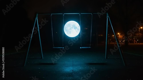 A glowing full moon suspended on a swing set in a dark park, illuminated by streetlights