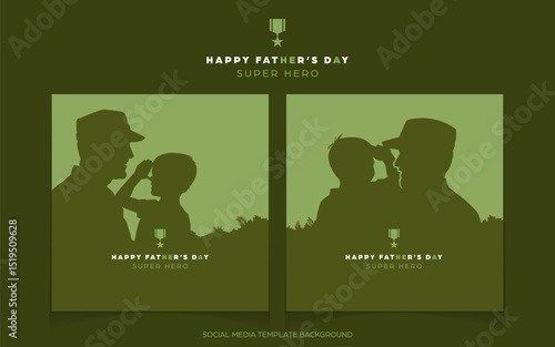 Happy faher's day social media template background, square banner of a silhouette  daughter saluting his father who is a soldier