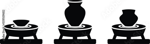 Three black pottery wheels with different stages of pottery creation on a white background vector art