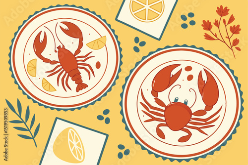 A delightful overhead shot showcases two plates, each adorned with a vibrant crustacean and lemon slices, set against a warm yellow backdrop.