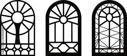 Three stained glass window designs showing leading painting and etching techniques in black and white