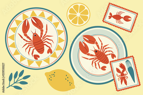 A delightful illustration featuring lobsters on plates, lemons, and decorative stamps, creating a vibrant and appetizing scene.