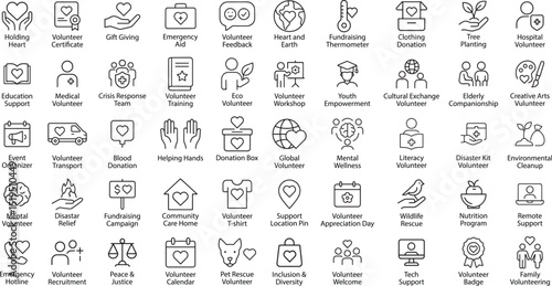 Volunteer Work Line Icons, Vector Illustration.
