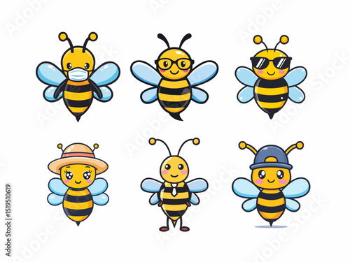 Cute cartoon bee character in various costumes vector illustration – kawaii style insect mascot for kids, nursery, or seasonal designs