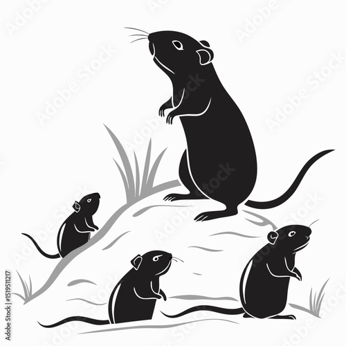 Family of rats grouped together on grassy hillside silhouette style
