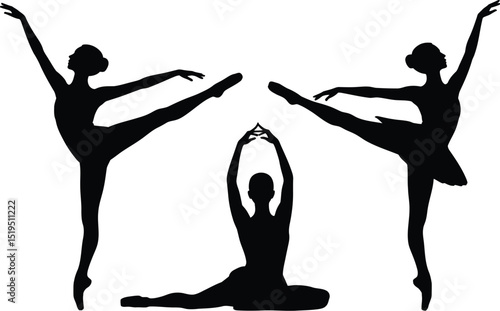 Three ballet dancer silhouettes in various poses against a white background artistic composition