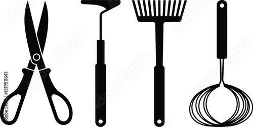 A collection of gardening tools including scissors, hoe, rake, and a wire skimmer in black silhouette
