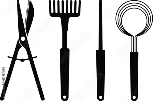 A black and white illustration of garden tools including shears rake dibber and a bulb planter tool